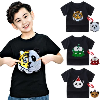 Panda, Tiger Dinosaura Sequin Deti T Tričko pre Chlapcov Tshirts Deti T Tričko Karikatúra Tlače Letné Topy T-shirts pre Detské Oblečenie