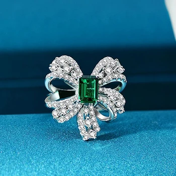 PANSYSEN Masívneho Striebra 925 Jewlery Bowknot 5x7MM Emerald Vytvorené Moissanite Prstene pre Ženy, Svadobné Kapely Jemné Šperky Krúžok