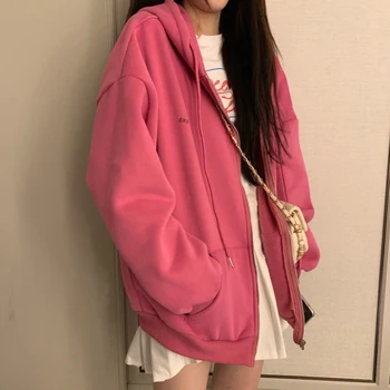 Paríž Girl Zip-up Ženy kórejský Štýl Hoodies Vintage Farbou Dlhý Rukáv Nadrozmerné Mikina s Kapucňou Lady Ženy Veľké Kabáty