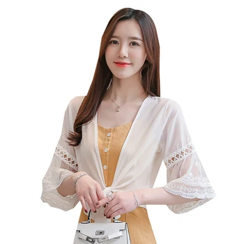 Patchwork Čipky Kimono Cardigan Blúzky Ženy 2021 Lete Krátky Rukáv Plodín Top Bežné Ochranu Pred Slnkom Oblečenie Biele Malé Tričko