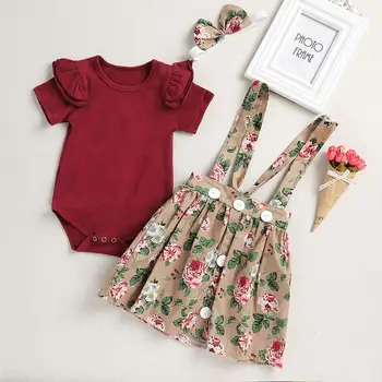 PatPat 2020 Nové Letné Prehrabať Romper Tlačidlá Dekor Kvetinové Šaty a Čelenka Sady Baby Girl Šaty