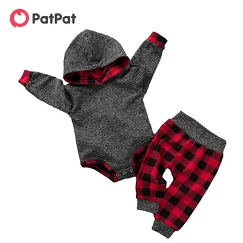 PatPat 2021 Nové Jesenné a Zimné chlapčeka Trendy Pevných Long-sleeve Hooded Kombinézu a Kockované Nohavice Sady Baby Boy Šaty