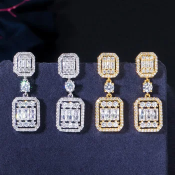 Pera Kvalitné Luxusné Princezná Rez Lesklé Cubic Zirconia Dlho Dubaj Žlté Zlato Svadobné Drop Náušnice Šperky pre Ženy E567