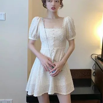 Perly Námestie Golier Lístkového Rukáv Mini Šaty Elegantné Ženy Vysoký Pás Sexy Vintage Kórejskej Strany Príležitostné Letné Šaty Femme Župan