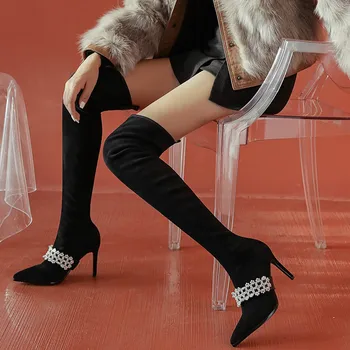 Phoentin pearl dámske vysoké čižmy nad kolená koža elastická stiletto ženské topánky crystal tri nosenie štýly topánky FT1166