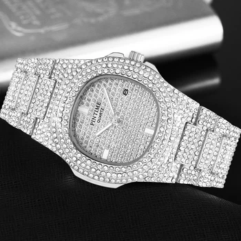 PINTIME Ľadový Sa Pozerať Mužov HIP HOP Quartz Zlaté Pánske Hodinky Top Značky Luxury Diamond Ocele Hodiny Relogio Masculino zegarek meski