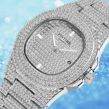 PINTIME Ľadový Sa Pozerať Mužov HIP HOP Quartz Zlaté Pánske Hodinky Top Značky Luxury Diamond Ocele Hodiny Relogio Masculino zegarek meski