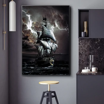 Pirátska Loď Na Mori Plátno na Maľovanie Čierne Plachetnice Dobové Plagáty a Vytlačí Steny Nádoby Obrázky pre Obývacia Izba Dekor Quadro