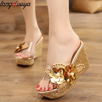 Platforma papuče klin listov papuče ženy letné topánky plážové sandále, papuče dámy topánky s podpätkami pearl flower 2020