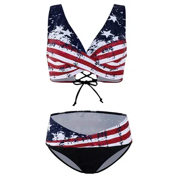 Plavky ženy Čalúnená Push-up Podprsenka Bikini Set Americká vlajka Tlač sexy Plavky s Nízkym Pásom plavky Plávanie oblek pre ženy