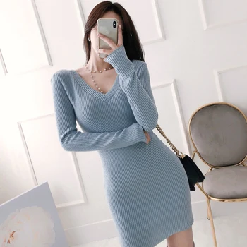 Pletenie jeden kus kórejský dámy dlhý Rukáv zimná modrá Tesný mini Party Šaty pre ženy, čína oblečenie