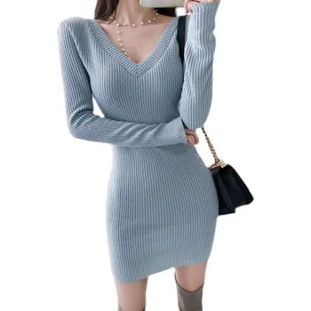 Pletenie jeden kus kórejský dámy dlhý Rukáv zimná modrá Tesný mini Party Šaty pre ženy, čína oblečenie