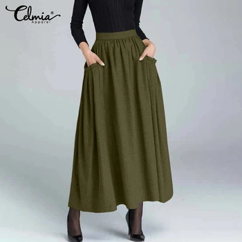 Pletené Sukne Celmia 2021 Jeseň Skladaný Sukne Ženy Móda Voľné Bežné Dlho Maxi Sukne Vysoký Pás Pevné Office Sukne Femme