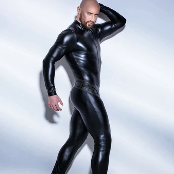 Plus M-4XL Silných Mužov Čierne PVC Kože Latex Kombinézu Top PU Sexy Zentai Catsuit Gay Mužov Trikot Otvorené Rozkroku Zips Jumpsuit