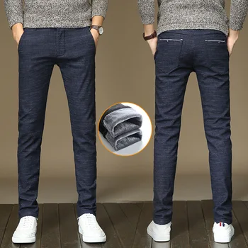 Plus velvet hrubé teplé rovno slim bežné nohavice 2020 zimné nová značka pánskej micro-módne elastické nohavice čierna sivá modrá