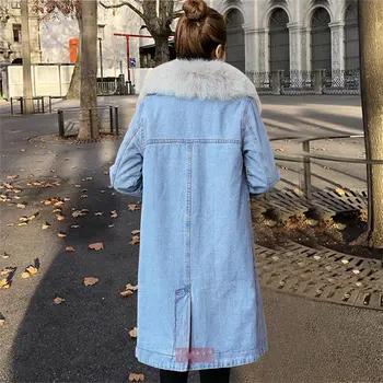 Plus Velvet Zahustiť Ženy denim jacket s kožušiny golier Dlhej Časti Voľné 2019 Jeseň Zima Windbreaker Džínsy baránok Kabát f1056