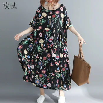 Plus Veľkosti 4xl 5xl Kvetinový Tlač Bavlna Bežné Šaty Letné Kvetina Boho Plážové Oblečenie pre Ženy Voľné Dlhé Dámske Šaty 2020