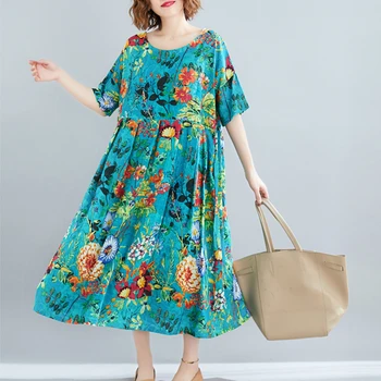 Plus Veľkosti 4xl 5xl Kvetinový Tlač Bavlna Bežné Šaty Letné Kvetina Boho Plážové Oblečenie pre Ženy Voľné Dlhé Dámske Šaty 2020
