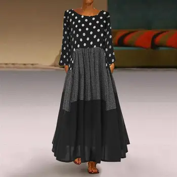 Plus Veľkosť 2019 dámske Letné Vintage Bohe Vlna Bod Tlač Šaty Dlhé Rukávy tvaru Maxi Šaty платье ropa mujer vestidos C