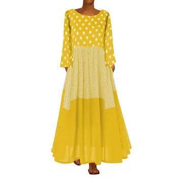 Plus Veľkosť 2019 dámske Letné Vintage Bohe Vlna Bod Tlač Šaty Dlhé Rukávy tvaru Maxi Šaty платье ropa mujer vestidos C