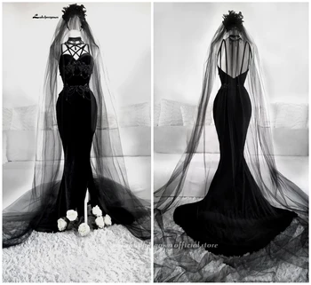 Plus Veľkosť Black morská víla Gotický Svadobné Šaty s Kvetmi Svadobné Šaty 2021 Ilúzie Appliques Svadobné Šaty vestido de noiva