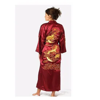 Plus Veľkosť Burgundsko Hodváb Výšivky Dragon Kimono Župan Šaty Ženy Sexy Saténový Župan Dlhý Nightgown Veľkosť S M L XL XXL XXXL