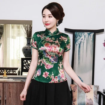 Plus veľkosť cheongsam ženy, blúzky, košele Čínsky štýl, elegantné tenké krátke puzdre tričko ženy topy matka Čínsky tričko Qipao