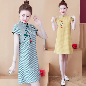 Plus Veľkosť M-4XL Letná Žltá Modrá Skontrolujte, Krátky Rukáv Qipao pre Ženy Čínsky Moderné Cheongsam Šaty Strany Tradičné Oblečenie