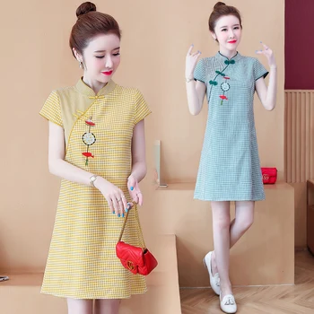 Plus Veľkosť M-4XL Letná Žltá Modrá Skontrolujte, Krátky Rukáv Qipao pre Ženy Čínsky Moderné Cheongsam Šaty Strany Tradičné Oblečenie