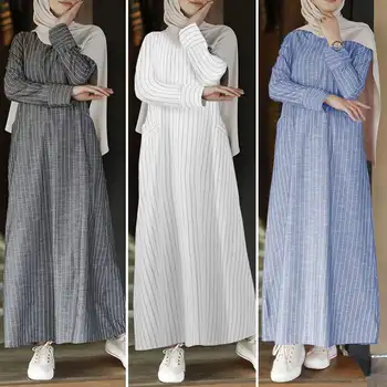 Plus Veľkosť Moslimské Oblečenie Šaty Žien Dlhý Rukáv Prekladané Sundress ZANZEA Jeseň Bavlnená posteľná Bielizeň Šaty Kaftan Vestido Femme Neforemné 5XL