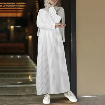 Plus Veľkosť Moslimské Oblečenie Šaty Žien Dlhý Rukáv Prekladané Sundress ZANZEA Jeseň Bavlnená posteľná Bielizeň Šaty Kaftan Vestido Femme Neforemné 5XL