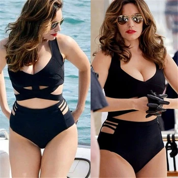 Plus Veľkosť Plavky 2021 Sexy Bikini Čierne Duté Pás Push Up Vysoký Pás Backless Split plavky pre Ženy De Fato Banho