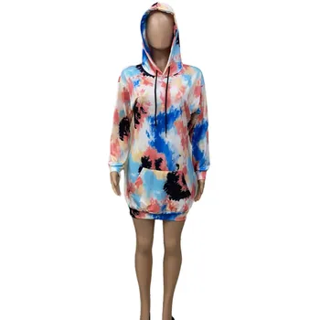 Plus Veľkosť Potu Šaty pre Ženy 2021 Hoodie Vrecku tie Dye Tlač Mini Šaty Módne Bežné Nosenie Ulice Veľkoobchod Dropshipping