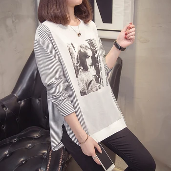 Plus Veľkosť Prekladané Patchwork Topy T-shirt Ženy Jeseň Príležitostné Voľné Graphic Tee Tričko Príliš Dlhý Rukáv kórejský Tuniku