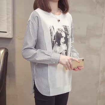 Plus Veľkosť Prekladané Patchwork Topy T-shirt Ženy Jeseň Príležitostné Voľné Graphic Tee Tričko Príliš Dlhý Rukáv kórejský Tuniku