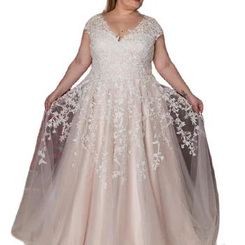 Plus Veľkosť svadobné šaty tvaru 2021 champagne farba krátky rukáv a-line Veľké Veľkosti Čipky Appliques Svadobné Šaty Princezná Elegantné