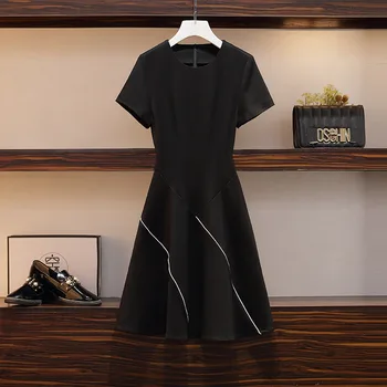 Plus Veľkosť Ženy Elegantné office dámy A-Line Šaty Letné 2020 Módne Krátky Rukáv Patchwork Vysoký Pás Šaty