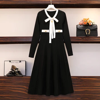 Plus Veľkosť Ženy kórejský Pletenie sveter Šaty Jeseň Zima Dlhý Rukáv LUK Krku office dámy Vintage Šaty Žien Vestidos
