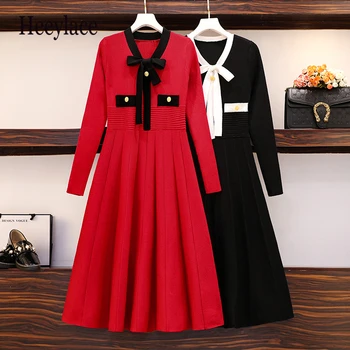 Plus Veľkosť Ženy kórejský Pletenie sveter Šaty Jeseň Zima Dlhý Rukáv LUK Krku office dámy Vintage Šaty Žien Vestidos