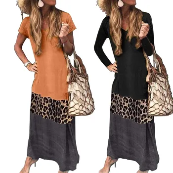 Plus Veľkosť Ženy Príležitostné Voľné Dlhé Šaty Kontrast Farieb Leopard Šitie Šaty Krátke Rukáv Tlač Tvaru Šaty Letné Vestido