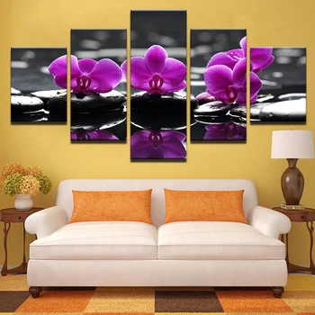 Plátno HD Tlačí Na Obývacia Izba Domova 5 Kusov Kúpeľné Kamene Mora Orchidea, Kvety, Obrazy Umenie Plagátu Rámec