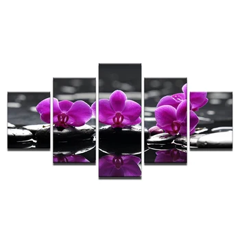 Plátno HD Tlačí Na Obývacia Izba Domova 5 Kusov Kúpeľné Kamene Mora Orchidea, Kvety, Obrazy Umenie Plagátu Rámec