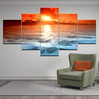 Plátno Obrazy Modulárny Wall Art Rámec 5 Kusov západ Slnka Svietiť, Pláž, More, Vlny Plagát HD Vytlačené Seascape Obrázky Domova