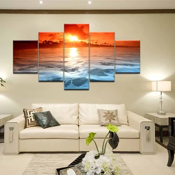 Plátno Obrazy Modulárny Wall Art Rámec 5 Kusov západ Slnka Svietiť, Pláž, More, Vlny Plagát HD Vytlačené Seascape Obrázky Domova