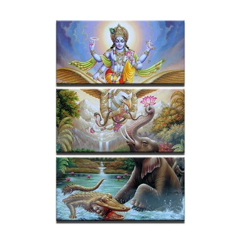 Plátno Obrázky HD Vytlačí Wall Art 3 Kusy Hinduistický Boh, Pán Vishnu Sedieť Na Garuda Maľovanie Domova Slon Plagát Rámec