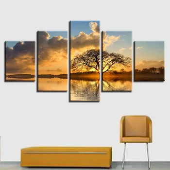 Plátno Plagát na Stenu Umenie Rámec 5 Panel západ Slnka Jazero Strom krajinomaľbou Modulárny HD Tlač Obrázkov Modulárny Obývacia Izba Dekor