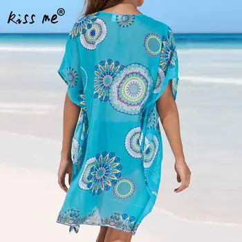 Pláž zakryť ročník českého plážové šaty žena Šifón šaty, Tuniky kvetinový vytlačené plavky zakryť Lete modré plavky
