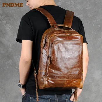 PNDME módne vintage originálne kožené pánske batoh business luxusné skutočné cowhide notebook batoh cestovné veľkú kapacitu bookbag