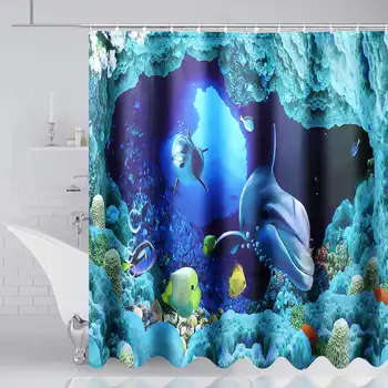 Podvodná Dolphin 3D Sprchové Závesy Textílie Nepremokavé Kúpeľňa Opony Nastaviť Non Slip Wc Kryt Podstavec Koberec Veko Vane Mat Pad