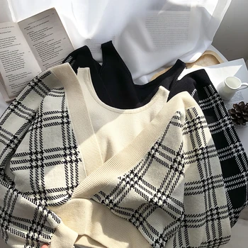 Prehoz farebný kontrast, šitie falošné dvoch-dielny dlhým rukávom žena kórejská verzia slim off-ramenný krátke sveter